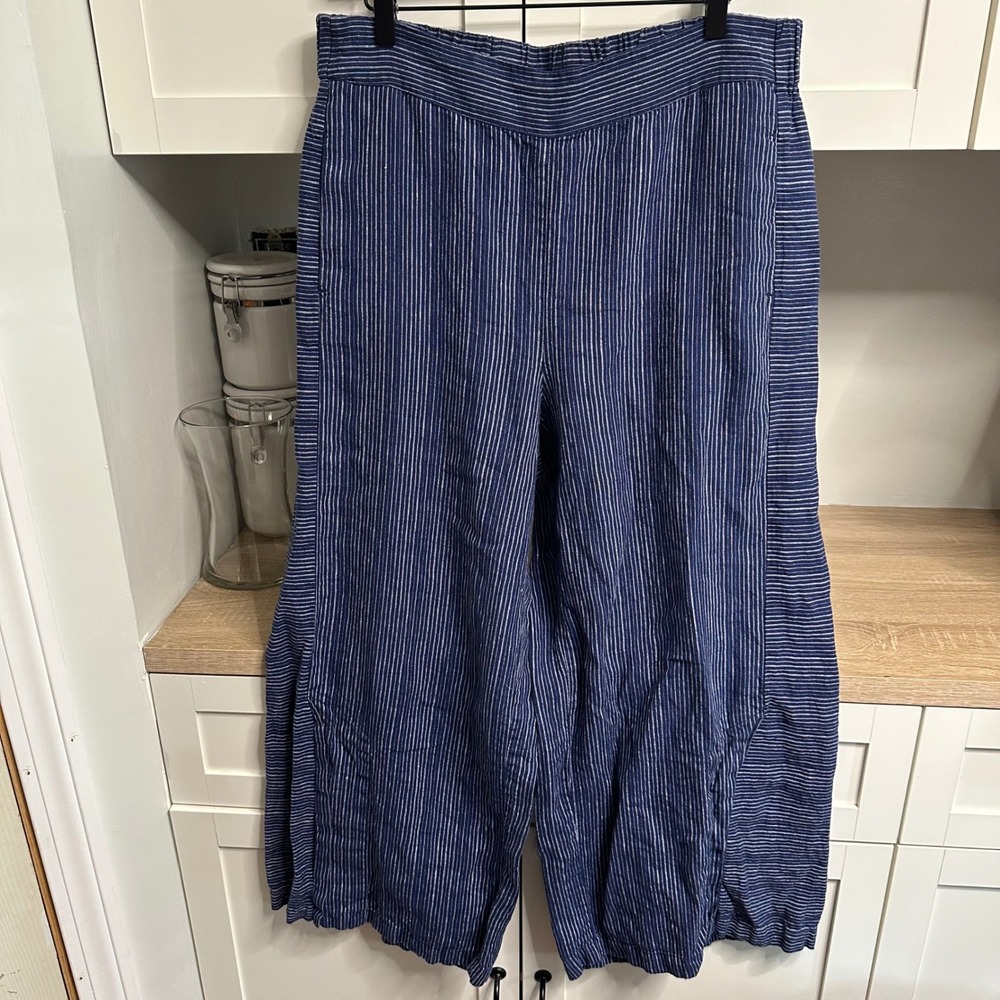 LIV by Habitat Clothes Pants Womens Large Blue Striped 100% Linen Wide Leg Crop